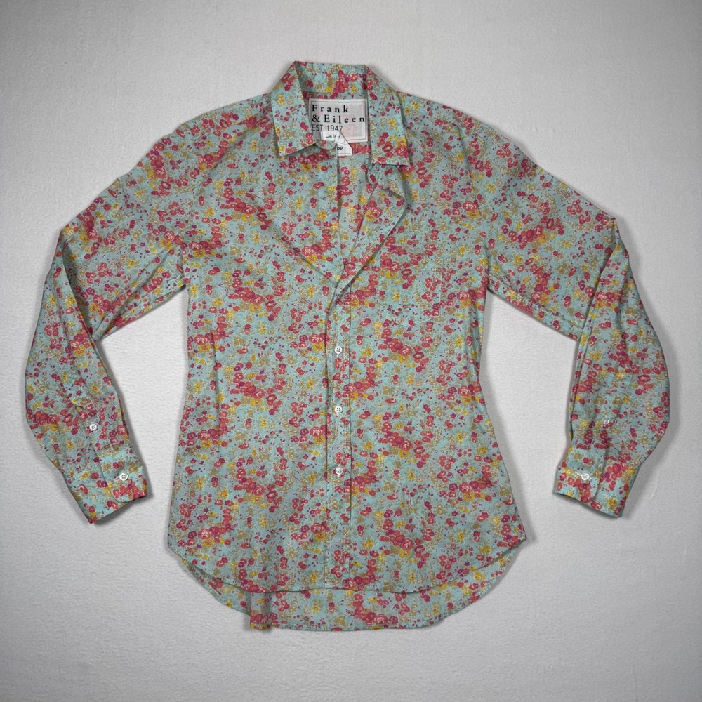 Frank & Eileen Eileen Button Up Shirt XS Blue Pink Floral Long Sleeve Cotton Top